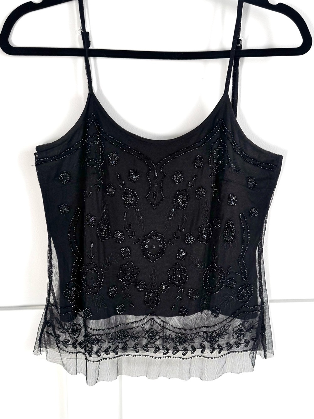 Vintage Y2K Raindrops Black Beaded Lace-Trim Cami